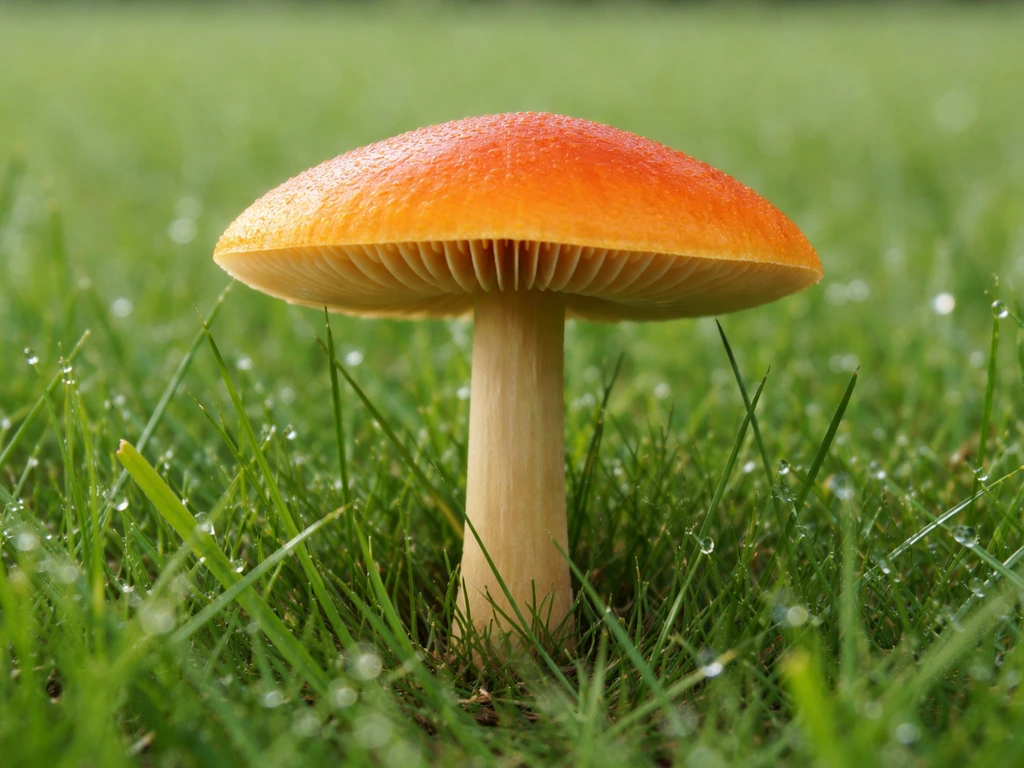 Gros plan sur un petit champignon à chapeau orange dans l’herbe, montrant chapeau, pied et lamelles.