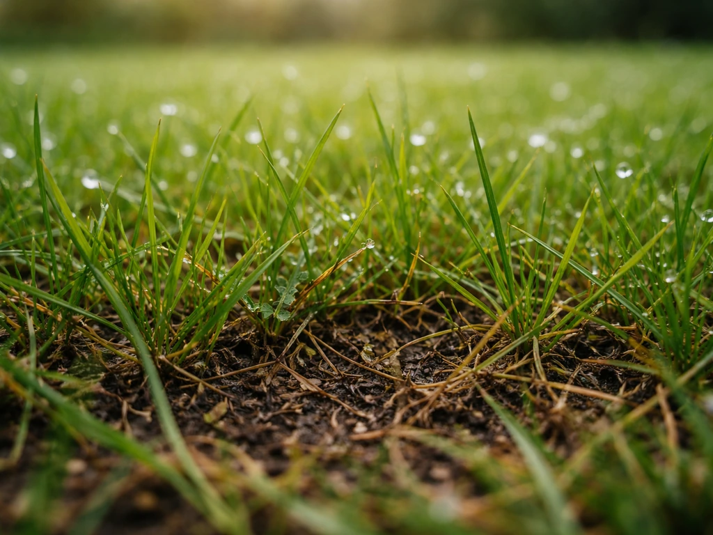 Pelouse sombre et humide avec chaume près du sol, évoquant un environnement favorable aux champignons.