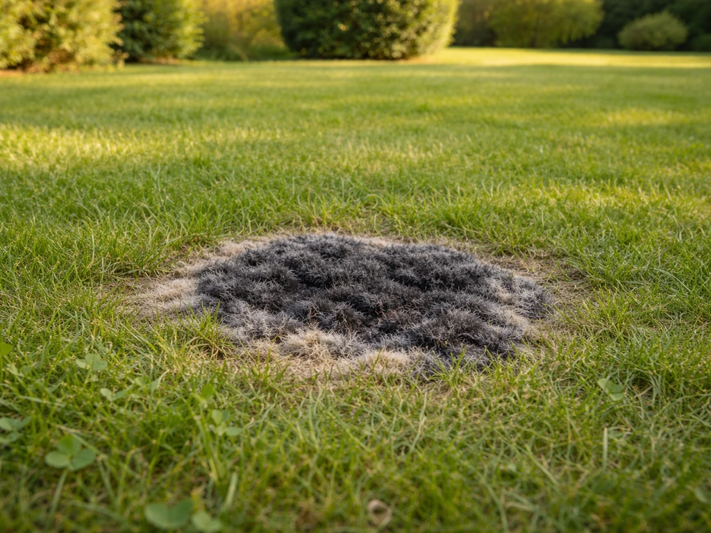 Pelouse française avec une zone noirâtre visible due au champignon noir, herbe verte autour, vue paysage.