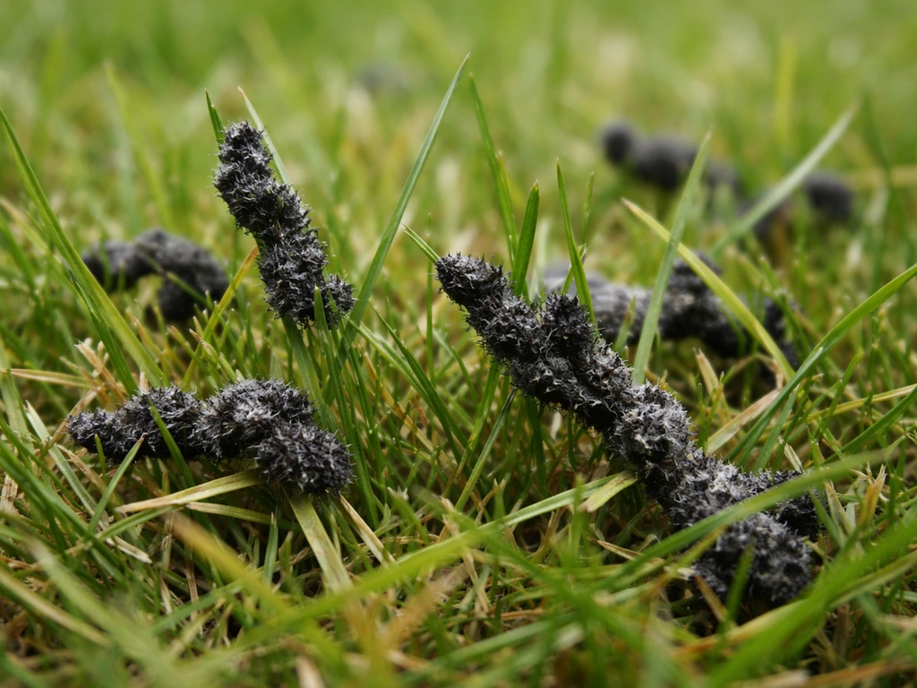 Gros plan de brins d’herbe avec taches noirâtres, illustrant un “champignon noir” sur la pelouse.