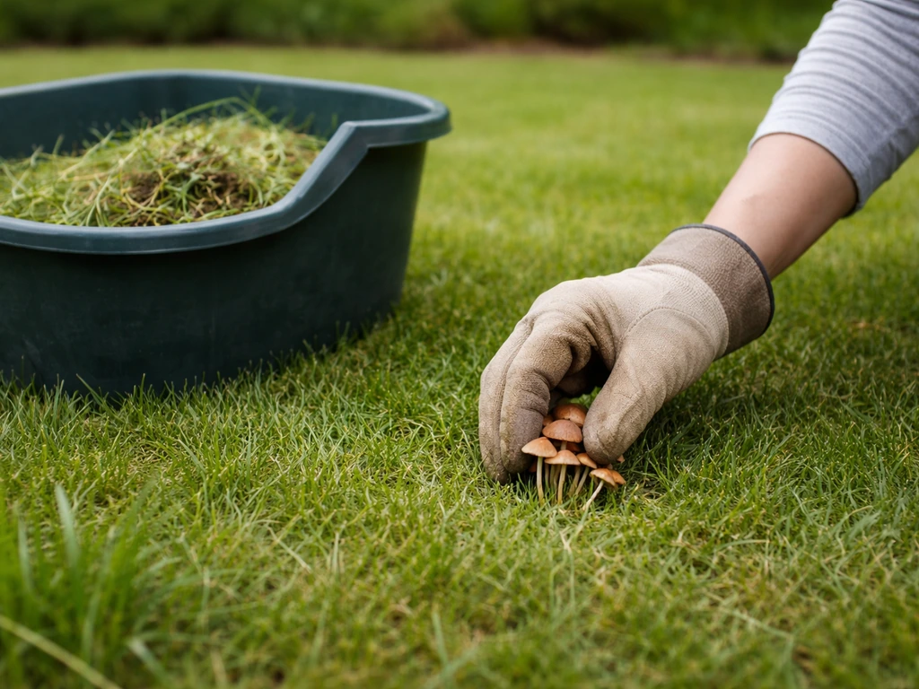 Une personne ramasse des champignons du gazon avec des gants, puis place le tout dans une jardinière.