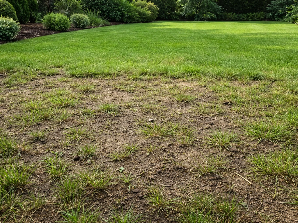 Pelouse de jardin clairsemée au premier plan, zone plus verte en arrière-plan pour montrer une pousse faible.
