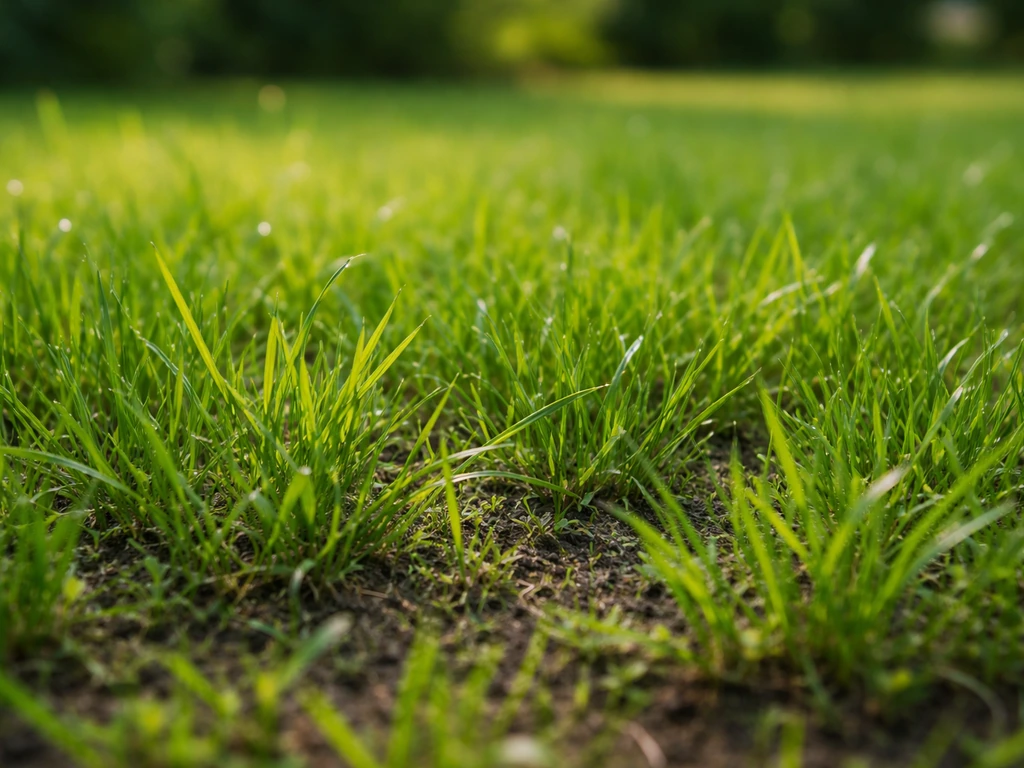 Gros plan de jeunes graminées en tallage, formant un tapis dense de pelouse verte