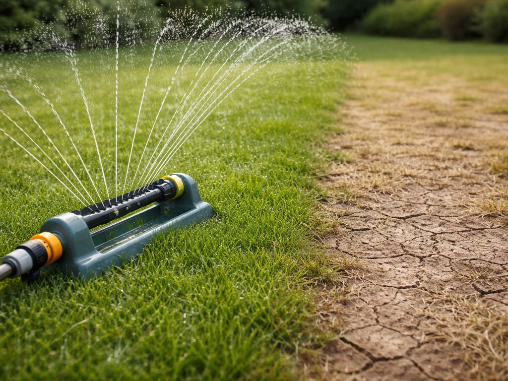 Arroseur sur pelouse : herbe brillante et humide en surface à côté d’une zone sèche déshydratée.