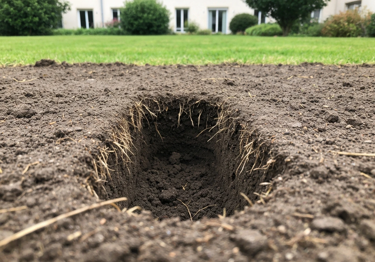Pelouse avec une motte de gazon soulevée, laissant voir la terre en dessous.