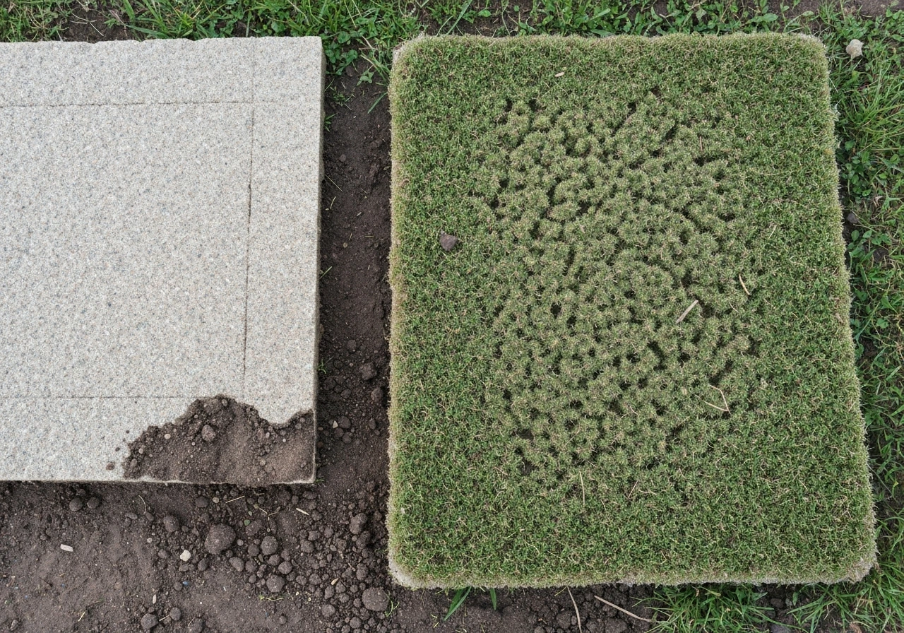 Gazon au sol avec deux zones de mottes distinctes : plaque décollée et zone spongieuse diffuse, gros plan réaliste.