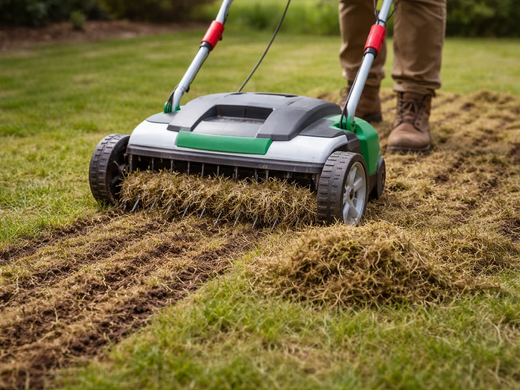 Scarification d’une motte de feutre au jardin avec un scarificateur, retrait de la couche organique