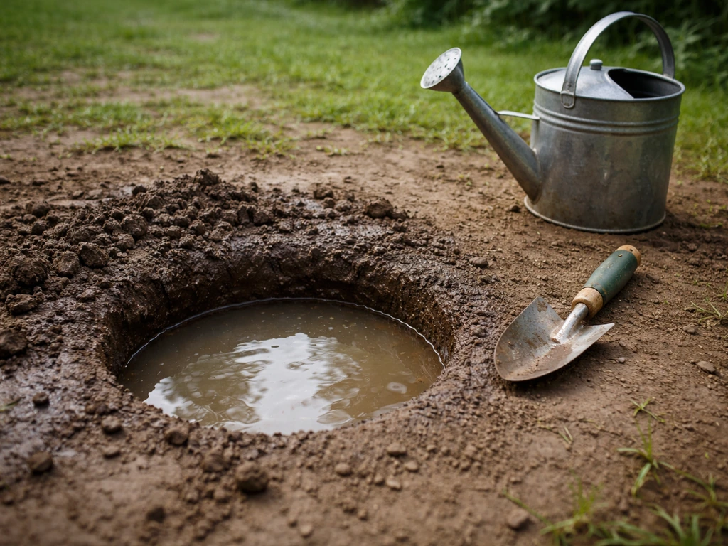 Trou d’infiltration rempli d’eau dans la terre, avec arrosoir et pelle à côté, observation du niveau.