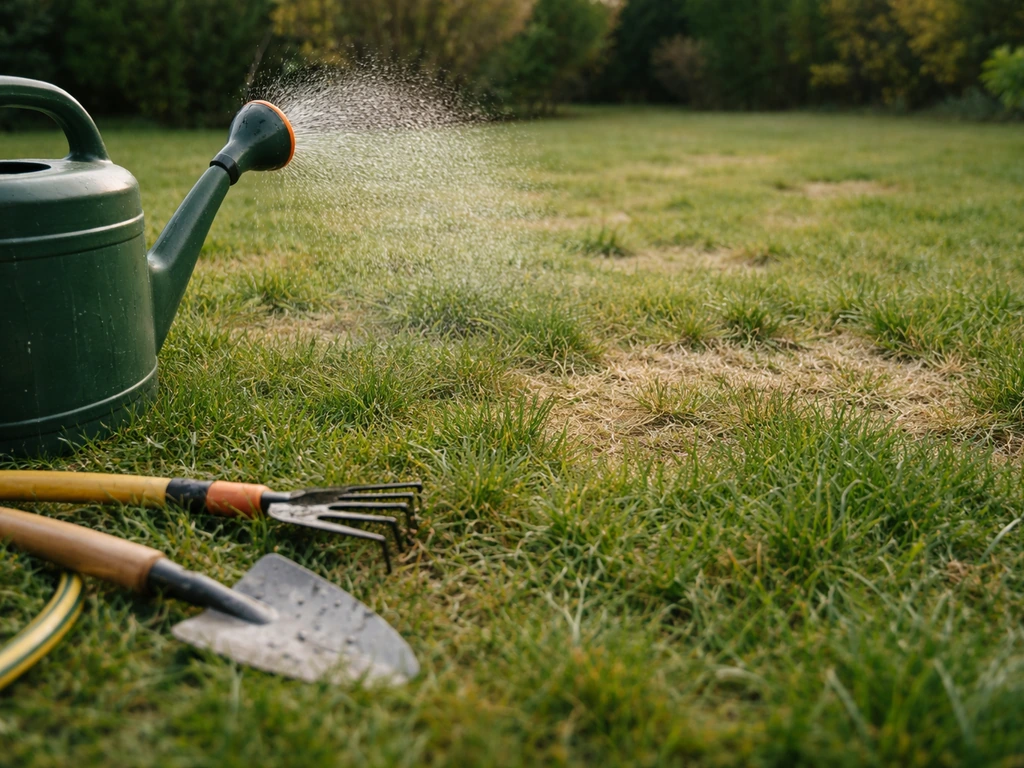 Pelouse française avec zones clairsemées et jaunies, arrosage en cours et outils de jardin partiellement visibles au pre