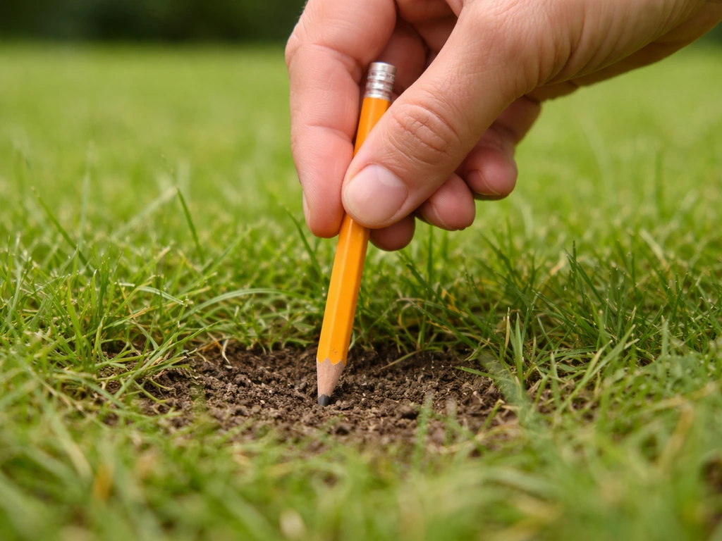 Main enfonçant un crayon dans la pelouse, gros plan sur le sol pour vérifier compaction ou feutrage.
