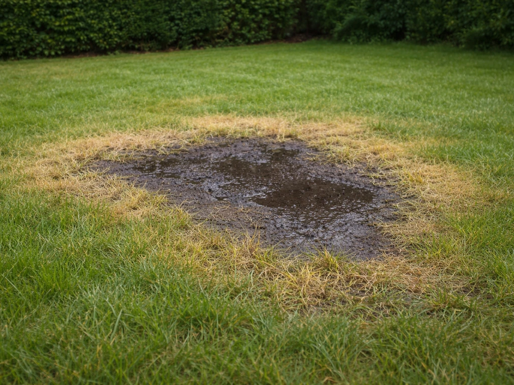Pelouse jaunie et sol argileux détrempé après pluie, avec herbe en mauvais état autour de la zone humide.