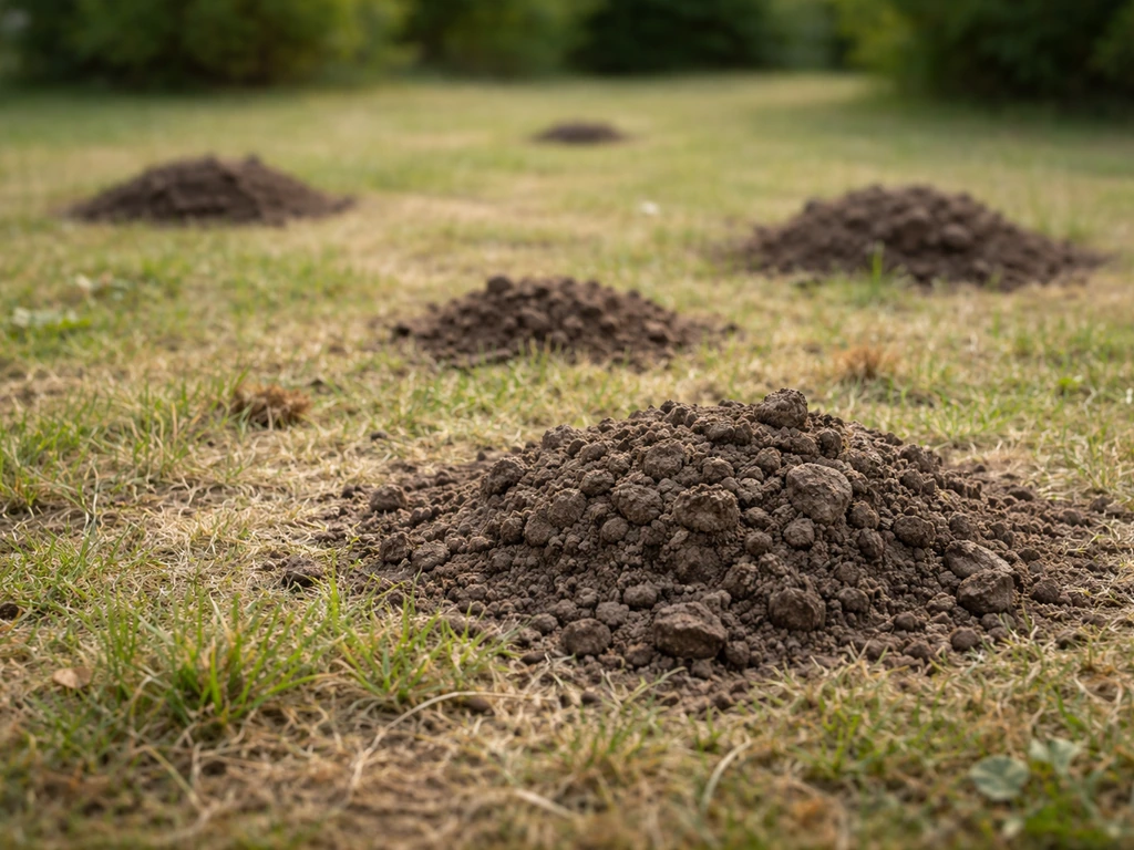 Pelouse clairsemée avec plusieurs taupinières rondes en terre fine, sans animal visible.