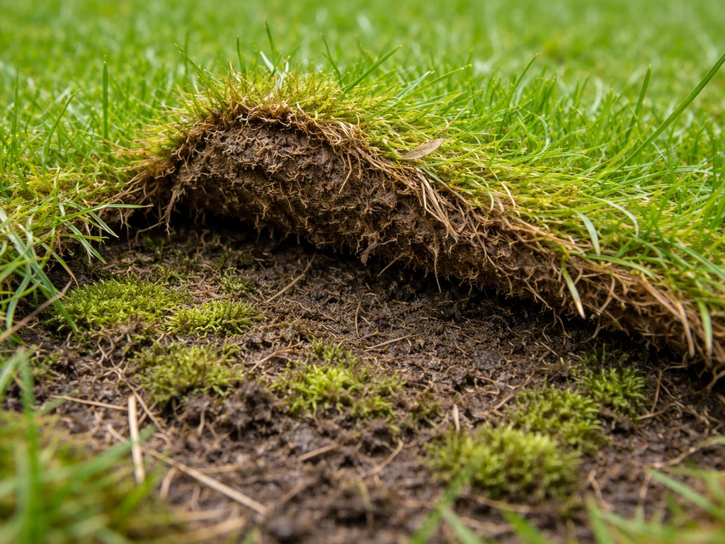Gros plan d’un feutre de pelouse humide avec de la mousse incrustée entre les brins, sol légèrement compacté.