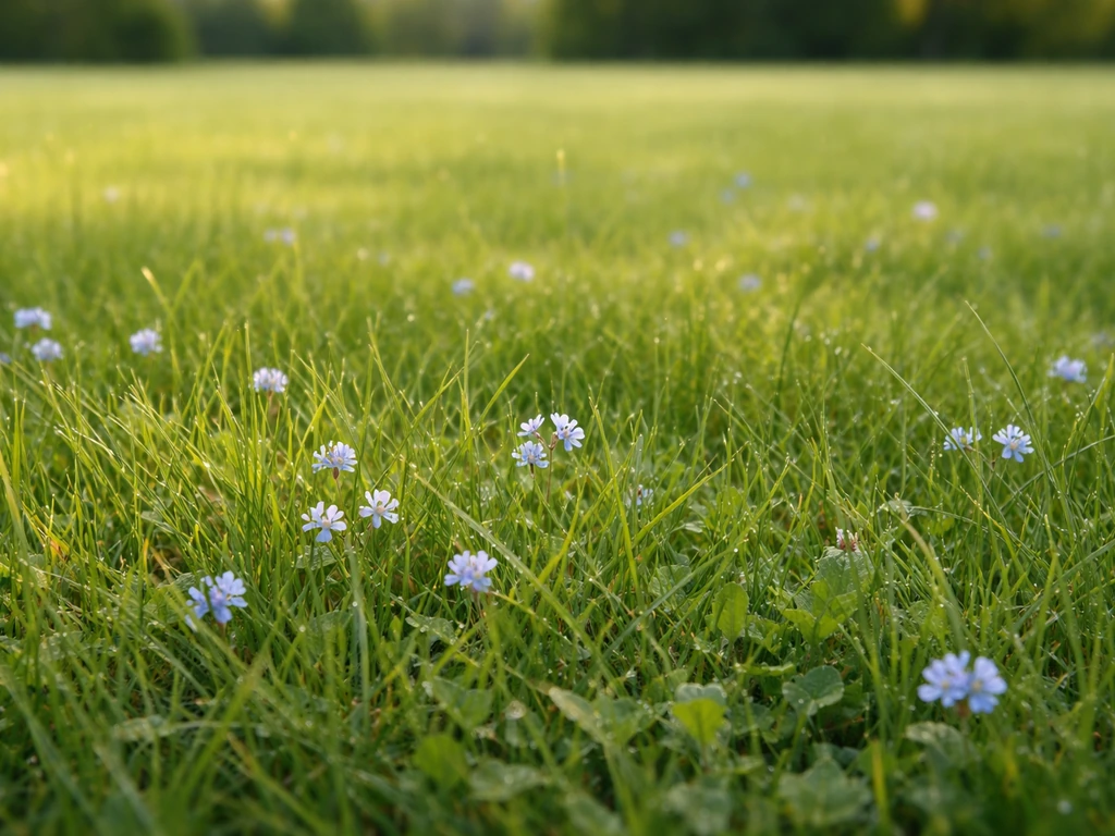 Pelouse française avec de petites fleurs bleues dispersées, vue au ras du sol en lumière naturelle.