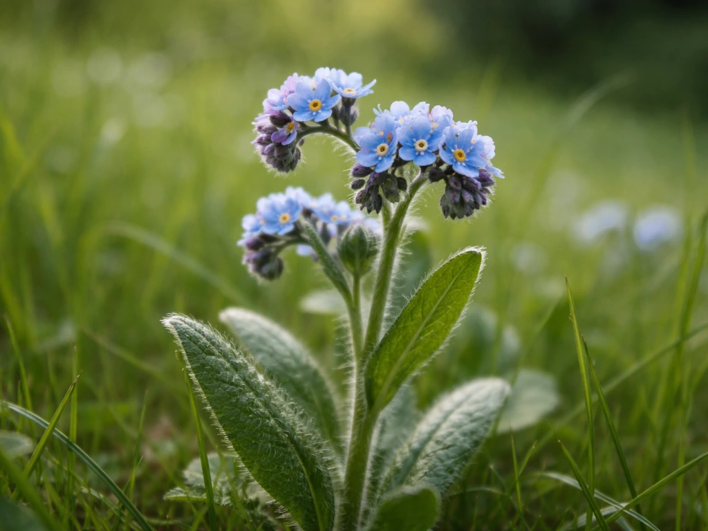 Touffes de myosotis des champs aux fleurs bleues en cyme enroulée, dans une pelouse verte.