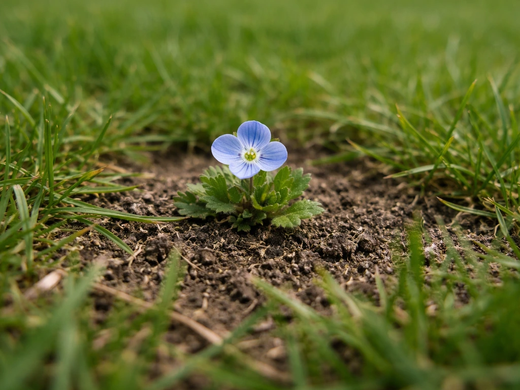 Gros plan d’une petite fleur bleue dans une pelouse verte, avec zones abîmées localisées près des brins d’herbe.