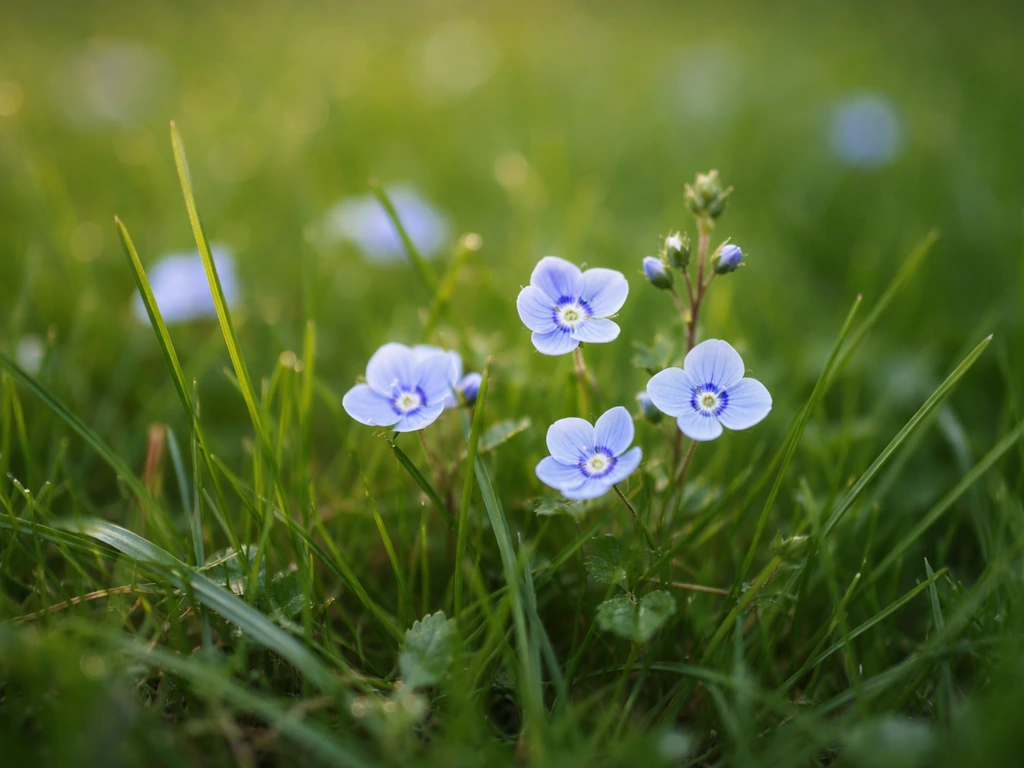 Petites fleurs bleues au milieu de l’herbe, en gros plan, pour identifier la plante du gazon.