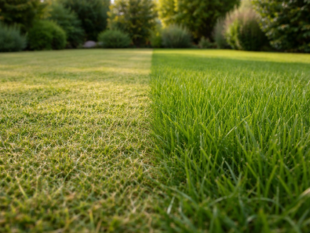 Comparaison de deux zones de pelouse après tonte : 3–4 cm trop bas vs 6–7 cm plus dense et vert.
