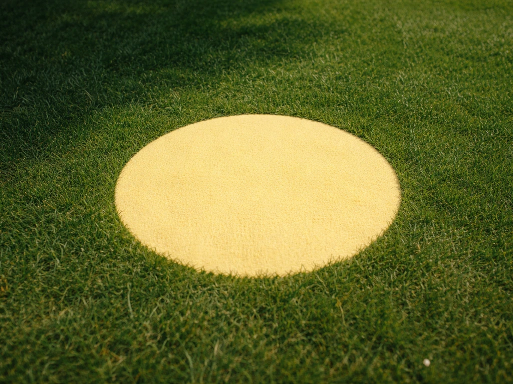 Gros plan d’un rond jaune sur une pelouse verte, montrant sa teinte, sa taille, son contour et sa position.