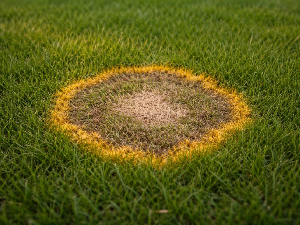 Gros plan d’une tache circulaire jaune sur une pelouse, avec une bordure jaune nette et un diamètre d’environ 20–30 cm.