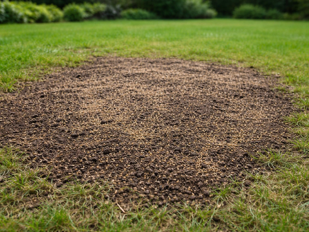 Zone de pelouse légèrement scarifiée et sursemée, avec terreau et graines visibles en surface, après réparation.