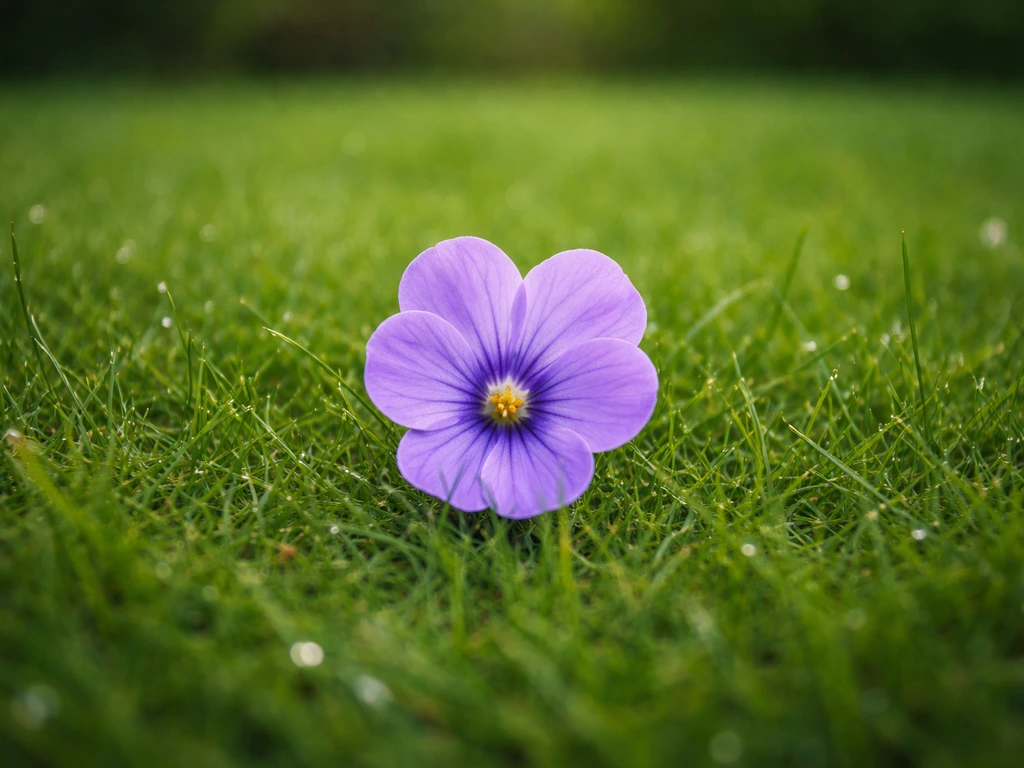 Fleur mauve bien visible au milieu d’une pelouse verte, pétales nets et contraste naturel.
