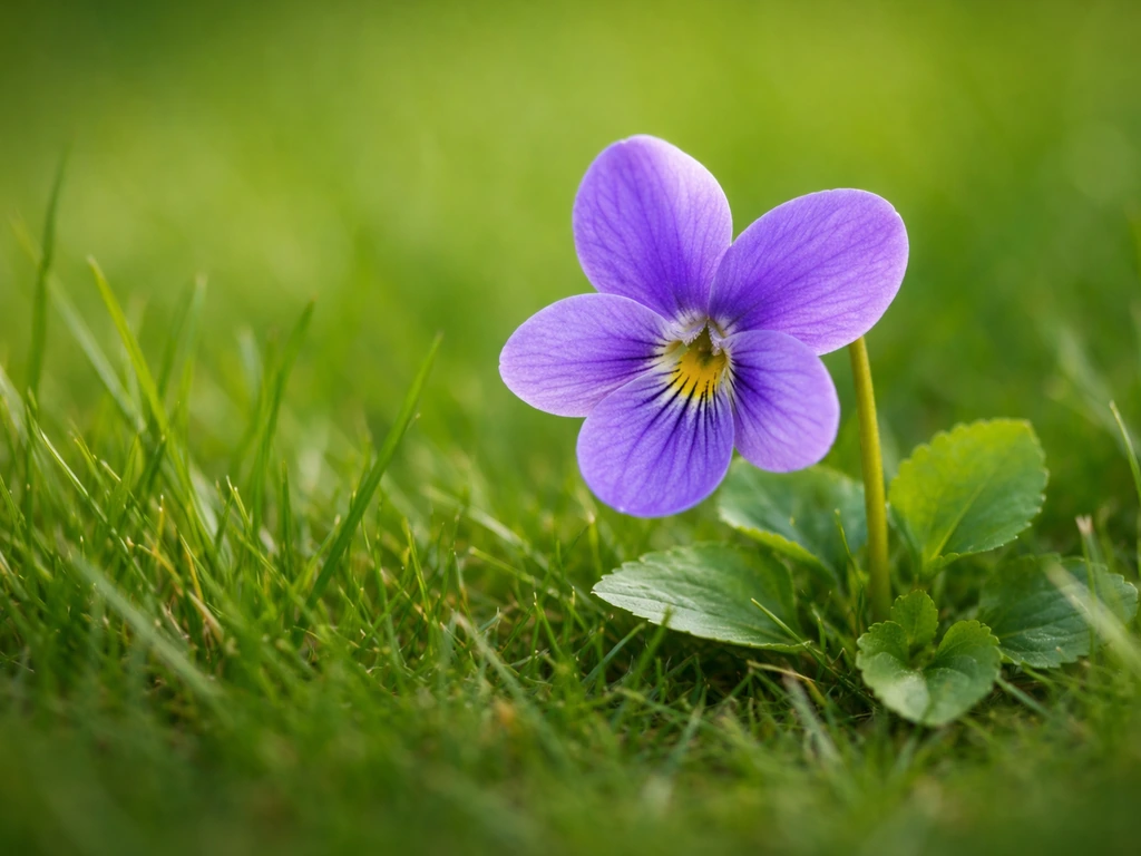 Gros plan d’une petite fleur mauve violette sur le gazon, avec tige et feuilles visibles autour.