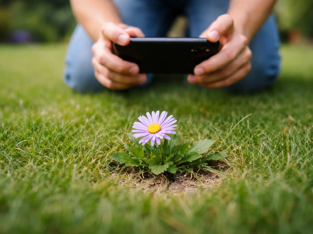 Téléphone au ras du sol, focus sur une fleur mauve et sa base dans une pelouse, pour un diagnostic rapide.