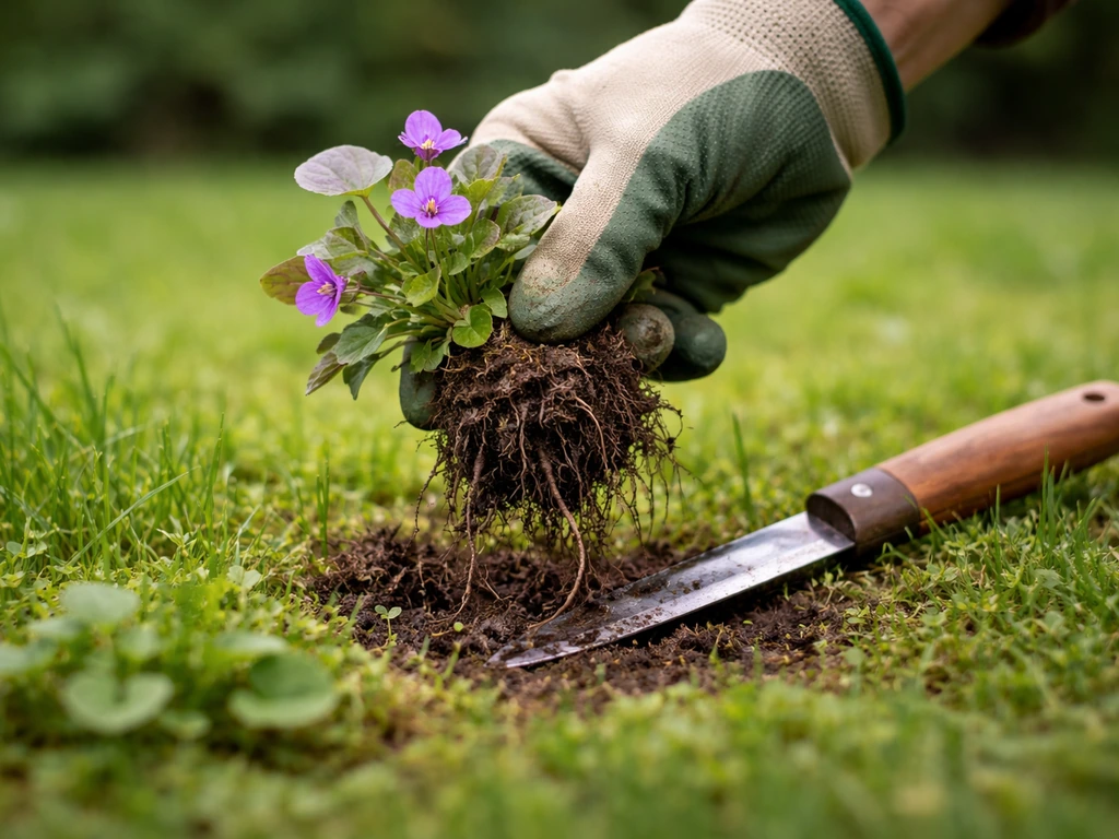 Main gantée désherbant une plante mauve sur gazon, extraction de la motte avec un couteau désherbeur.