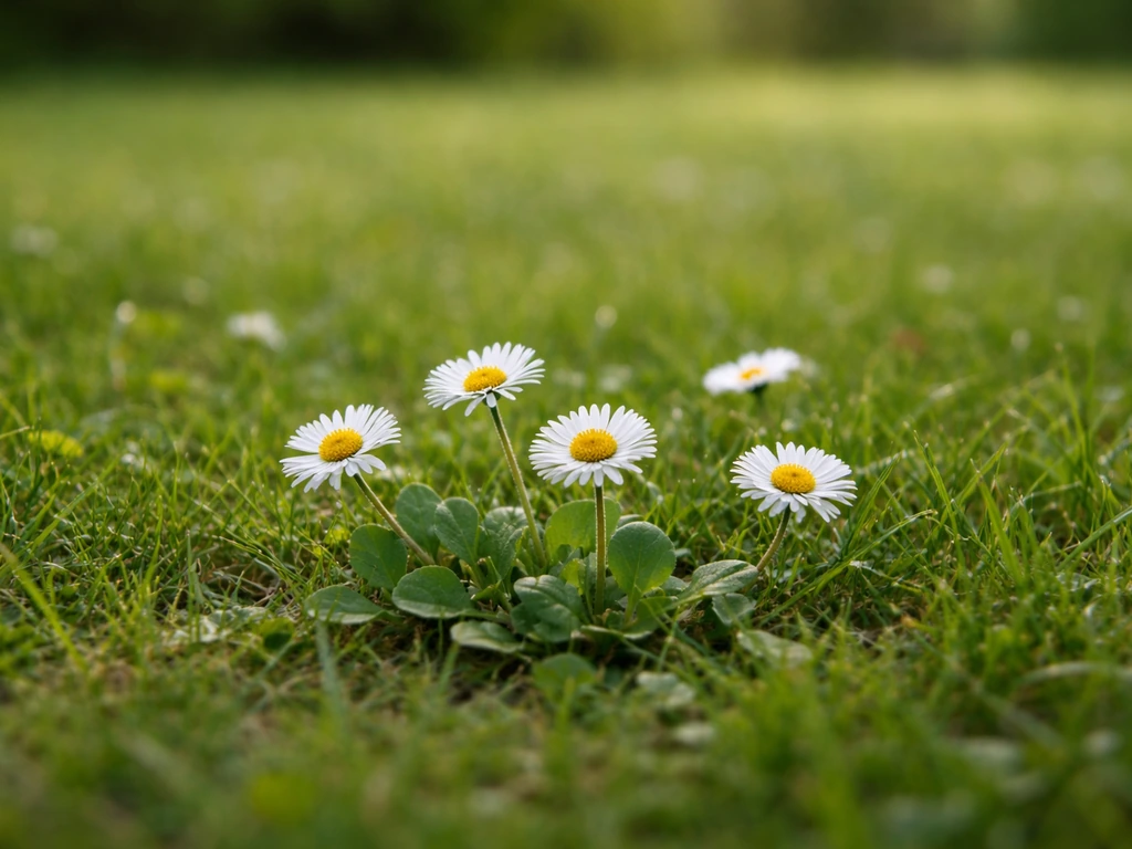 Pâquerettes blanches et rosettes dans une pelouse verte française, au ras de l’herbe, en lumière naturelle.