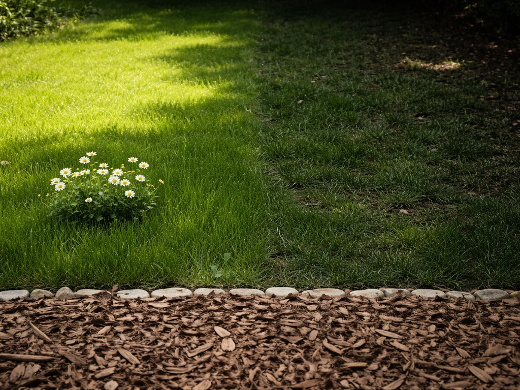 Pelouse contrastée soleil-ombre avec pâquerettes près du paillis et un repère de plantation au sol