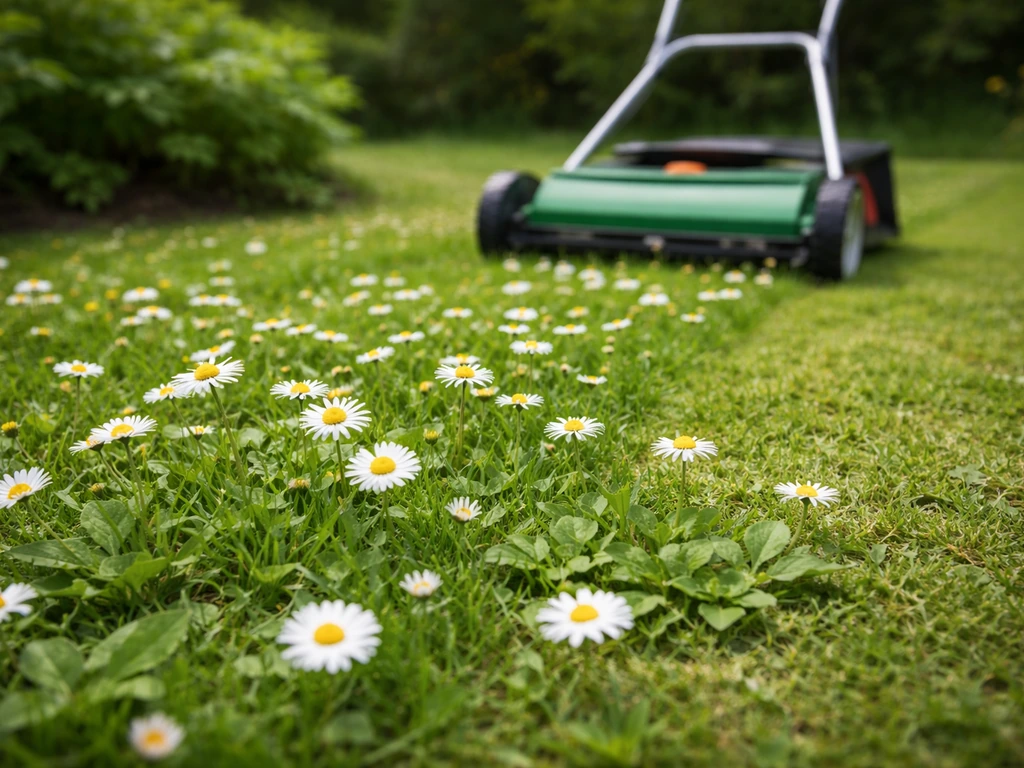 Zone de pâquerettes tondue à hauteur adaptée, rosettes et fleurs restent visibles après la coupe.