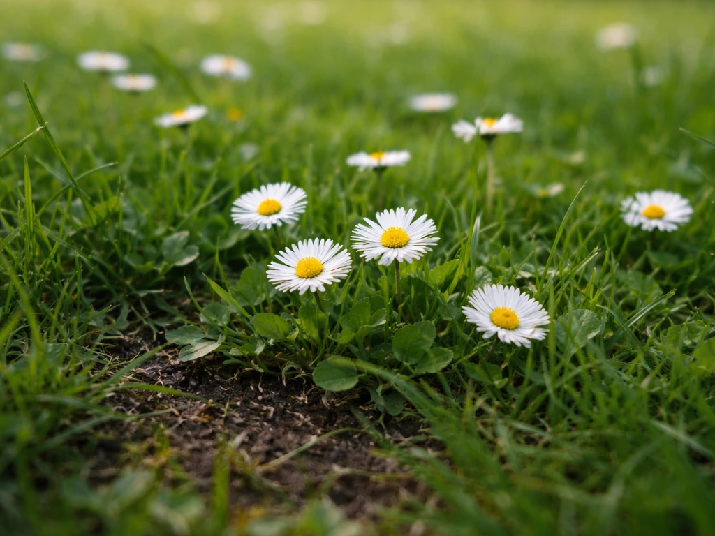 Pelouse française avec plusieurs marguerites et quelques pâquerettes, gros plan pour aider à l’identification.