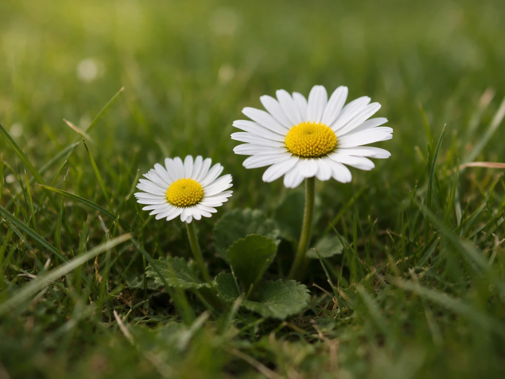 Plan rapproché de deux fleurs blanches (pâquerette et marguerite) distinctes dans une pelouse verte
