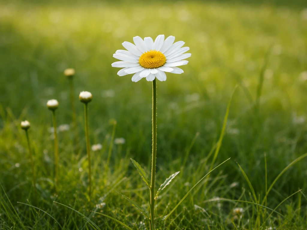 Marguerite commune aux grandes fleurs blanches, tiges hautes, vue rapprochée dans une pelouse verte.