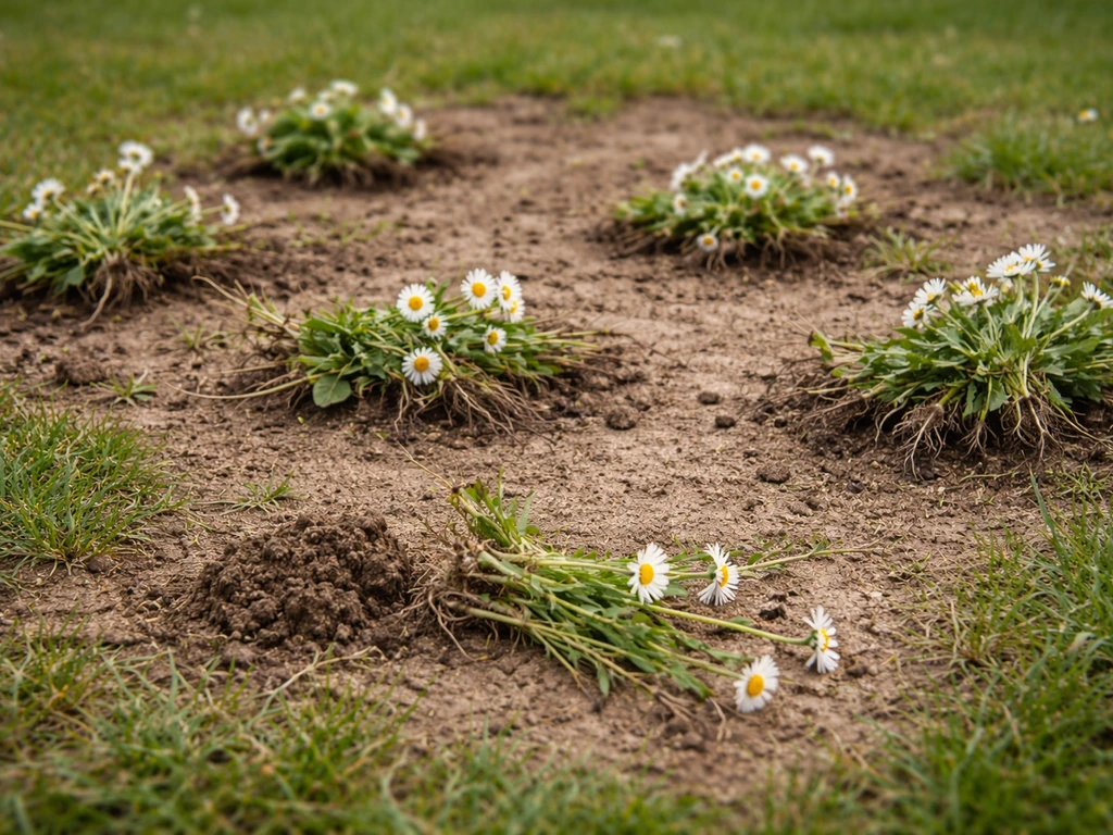 Touffes de pâquerettes arrachées sur une pelouse, sol visible avant regarnissage, vue de jardin minimale.