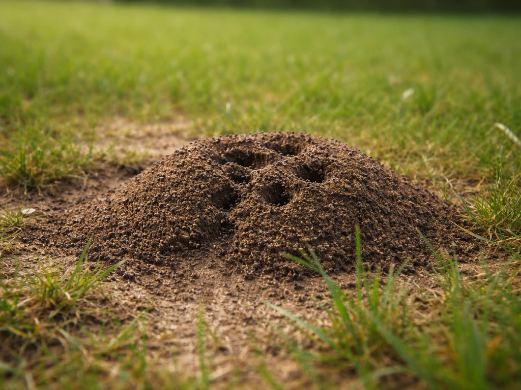 Fourmilière dans une pelouse avec monticule de terre et galeries, herbe légèrement abîmée autour.