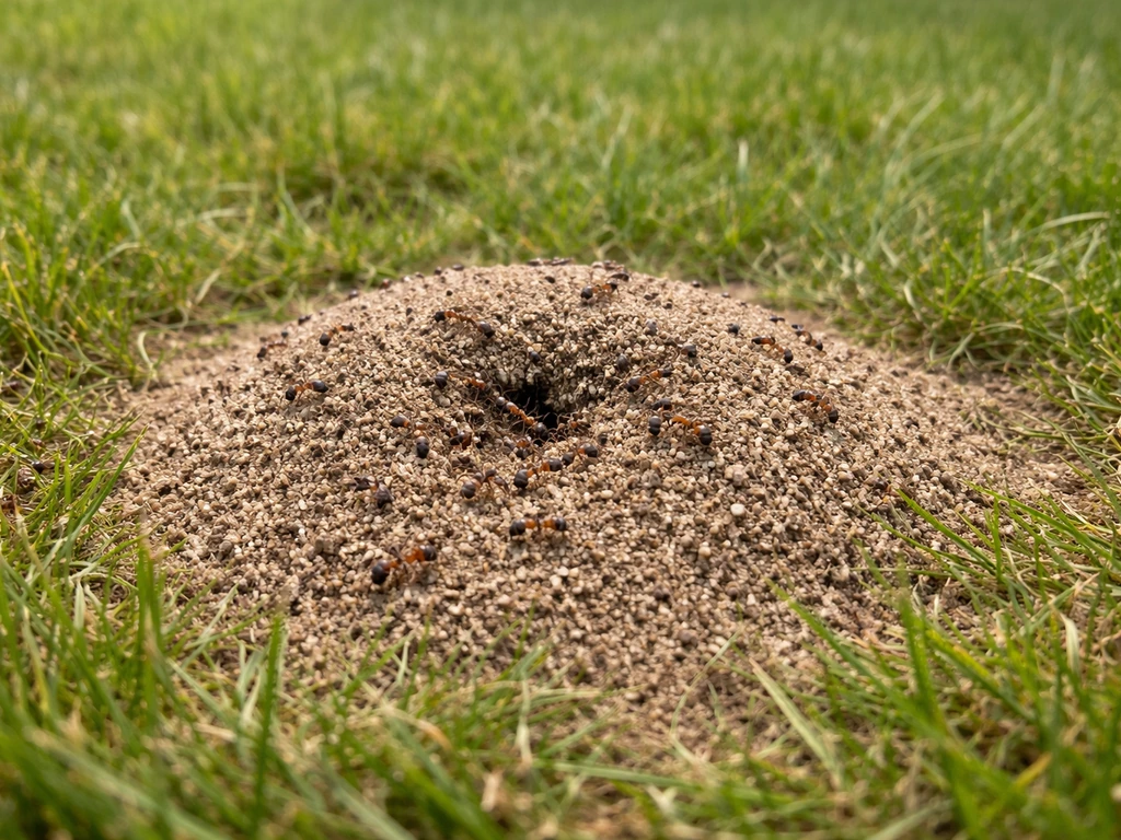 Monticule de fourmis dans une pelouse, fourmis visibles près de l’entrée sur fond d’herbe simple.
