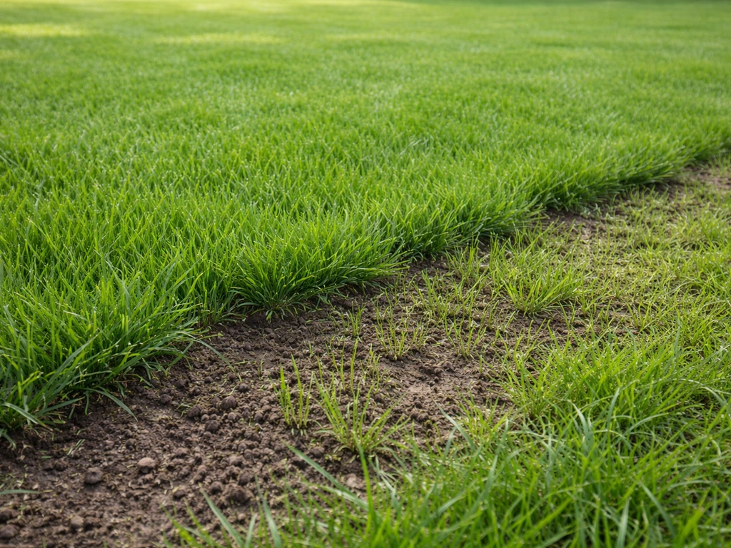 Pelouse dense et bien entretenue avec zones régarnies, sol meuble et tonte à hauteur visible