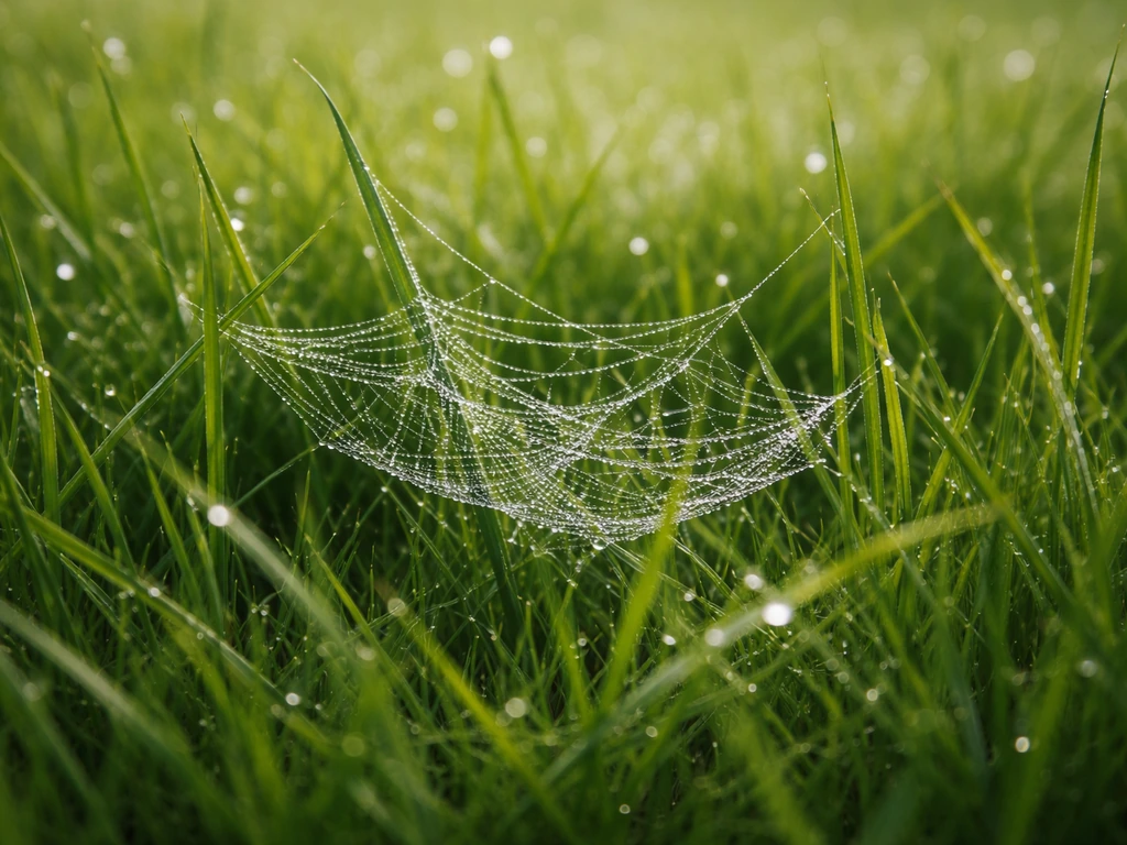 Rosée du matin sur des fils de toile d’araignée visibles dans une pelouse verte.