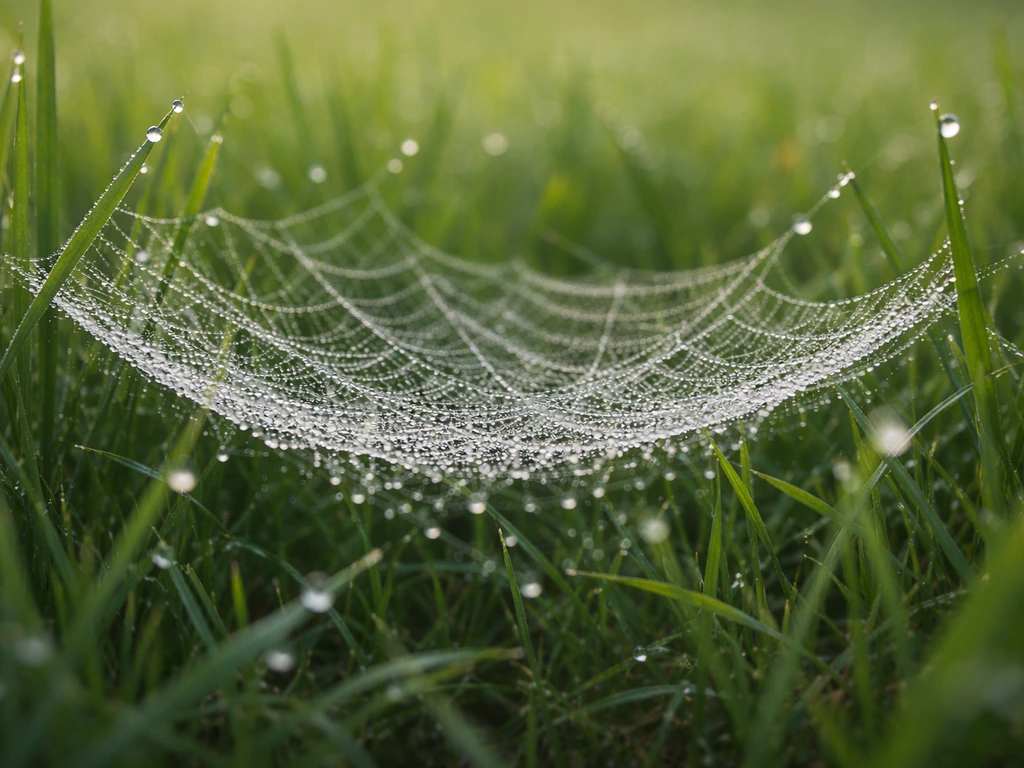 Toile d’araignée au ras de l’herbe, rosée du matin sur les brins, vue rapprochée et naturelle.