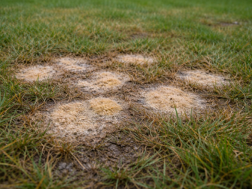 Pelouse avec plusieurs petites plaques brun jaunâtre liées à un champignon, vue au ras du sol.
