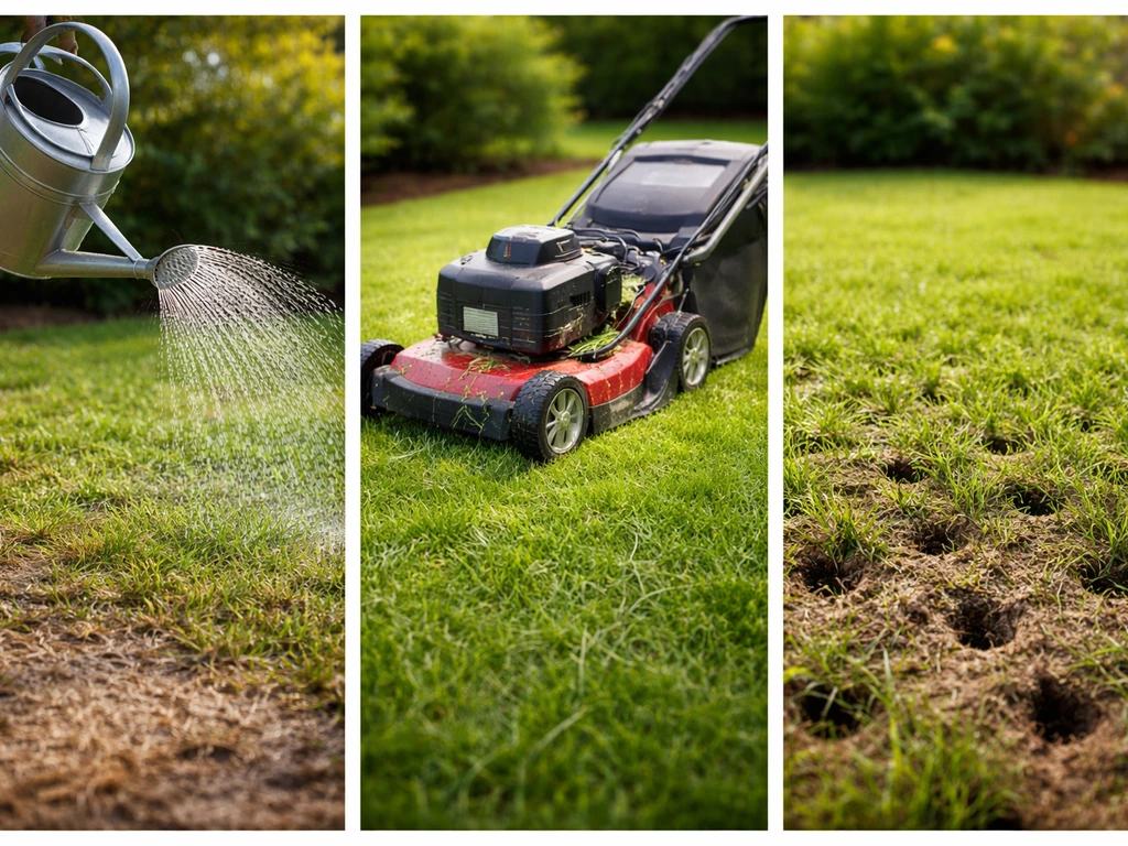 Trois scènes jardin simples : arrosage du matin, tonte avec ramassage, sol qui s’infiltre grâce à une surface aérée