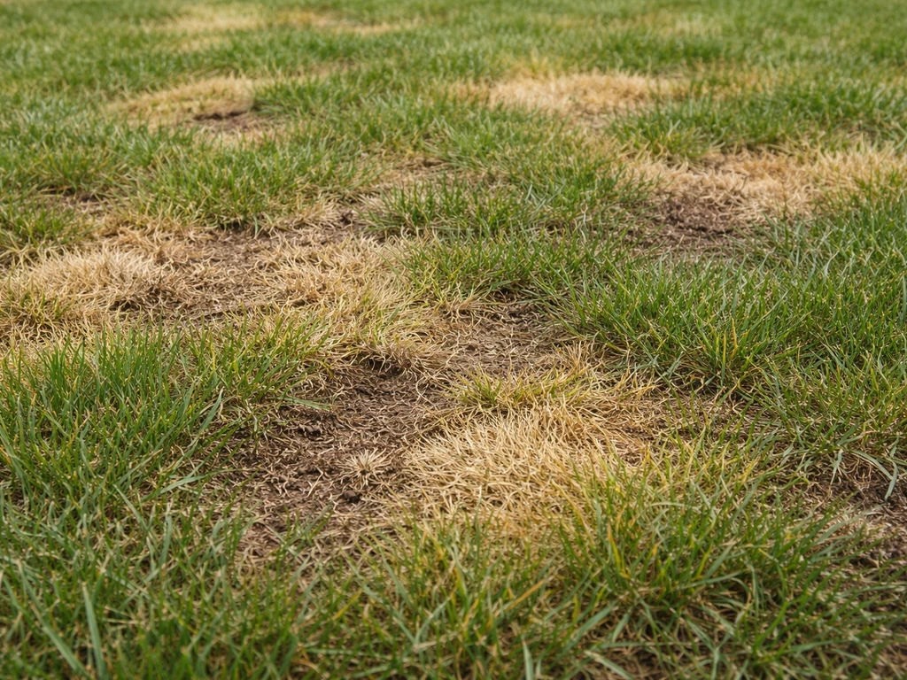 Pelouse jeune avec plaques jaune puis brun, brins abîmés par endroits sur un semis récent.
