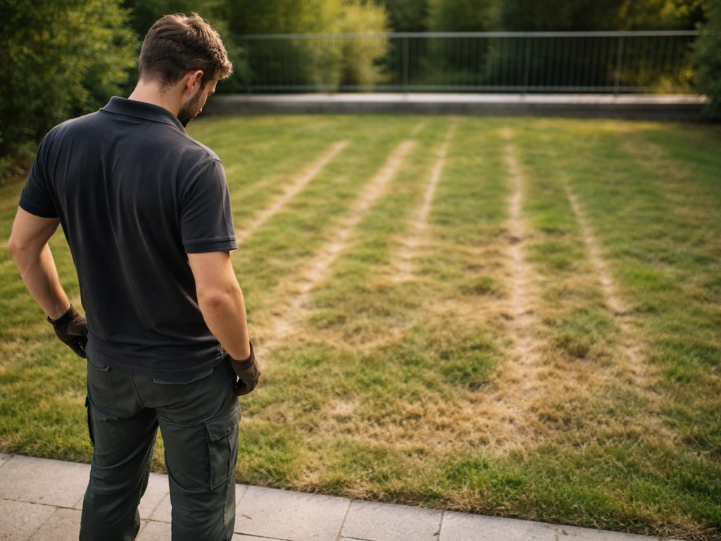 Un jardinier observe depuis une terrasse un gazon avec des bandes régulières de zones brûlées.