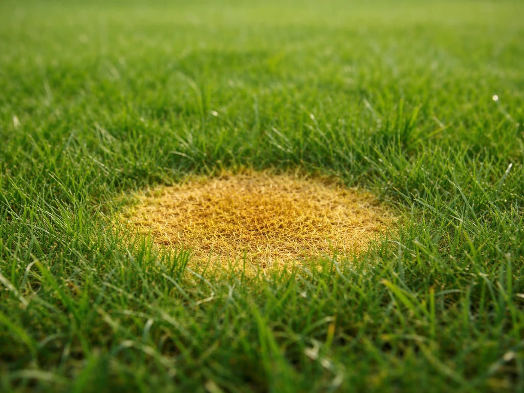Gros plan d’une tache circulaire jaune sur une jeune pelouse, avec un halo vert, près du sol.
