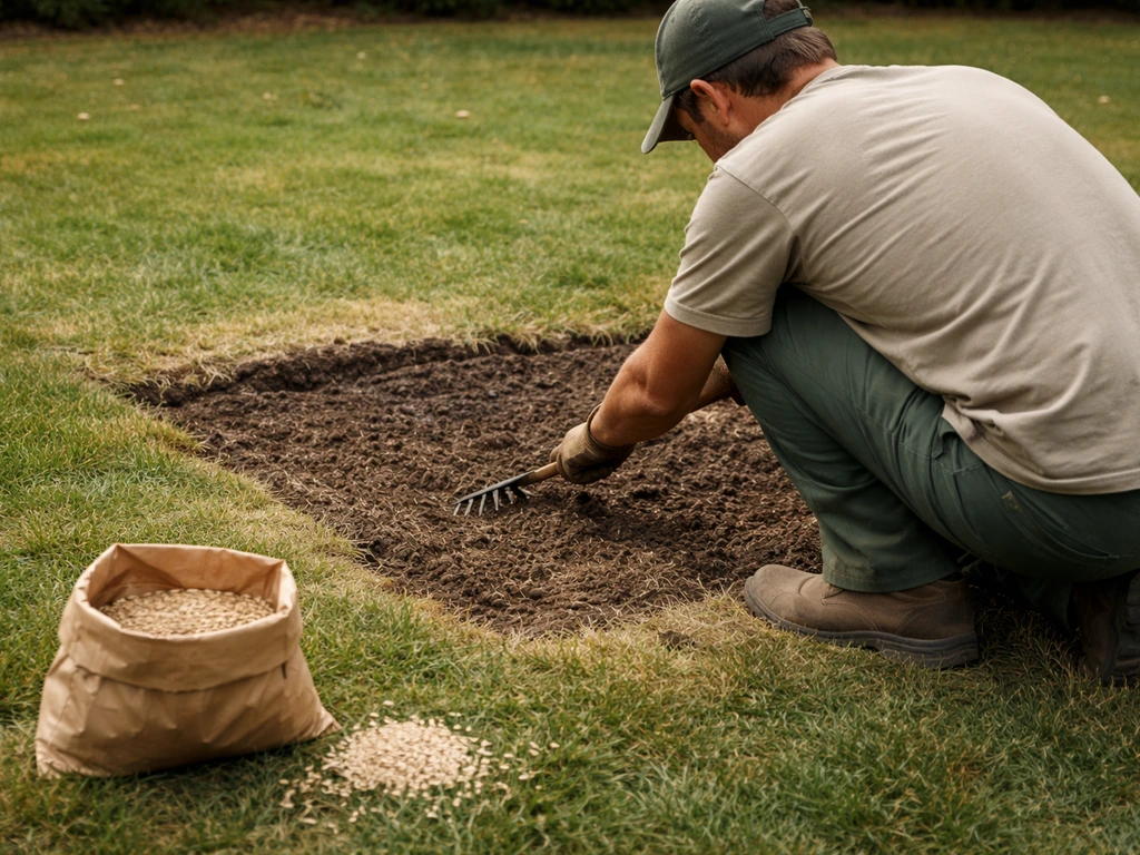 Jardinier prépare une zone de pelouse brûlée, gratte le gazon mort et dépose des graines en surface