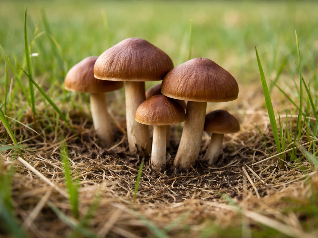 Champignons marron émergeant dans une pelouse, avec chaume visible au sol en arrière-plan.