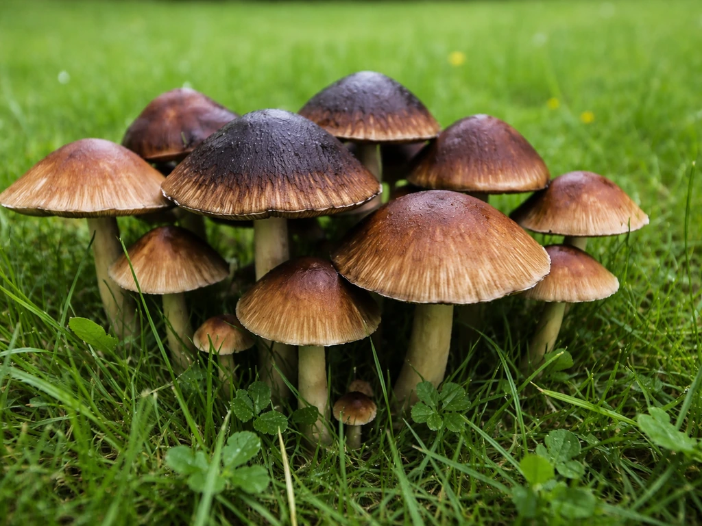 Gros plan de champignons bruns sur pelouse, chapeaux marron foncé avec variations d’âge