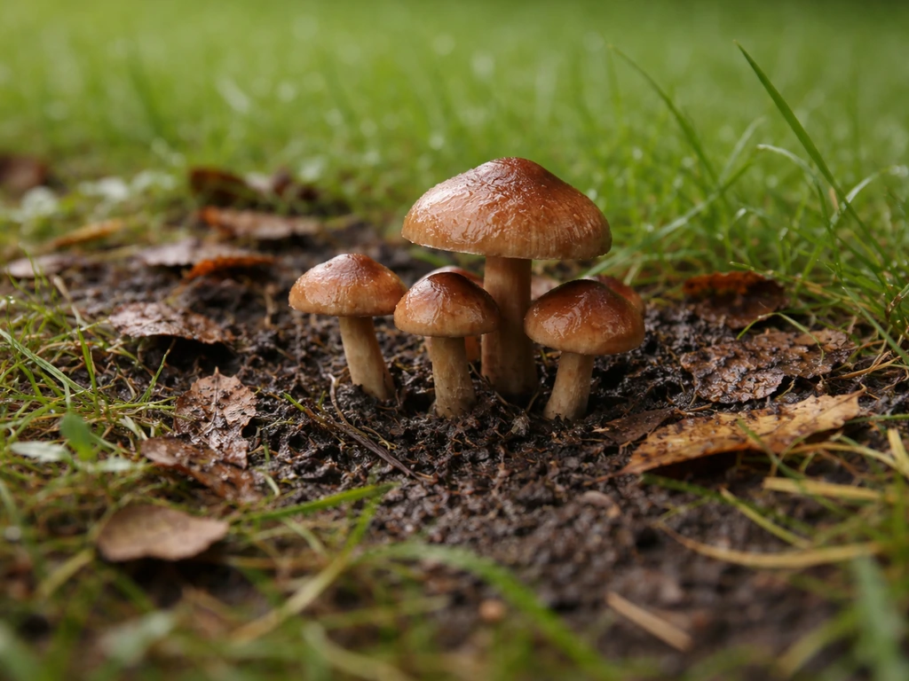 Champignons brunâtres sortant d’une pelouse, près de feuilles mortes et d’un feutrage humide après la pluie